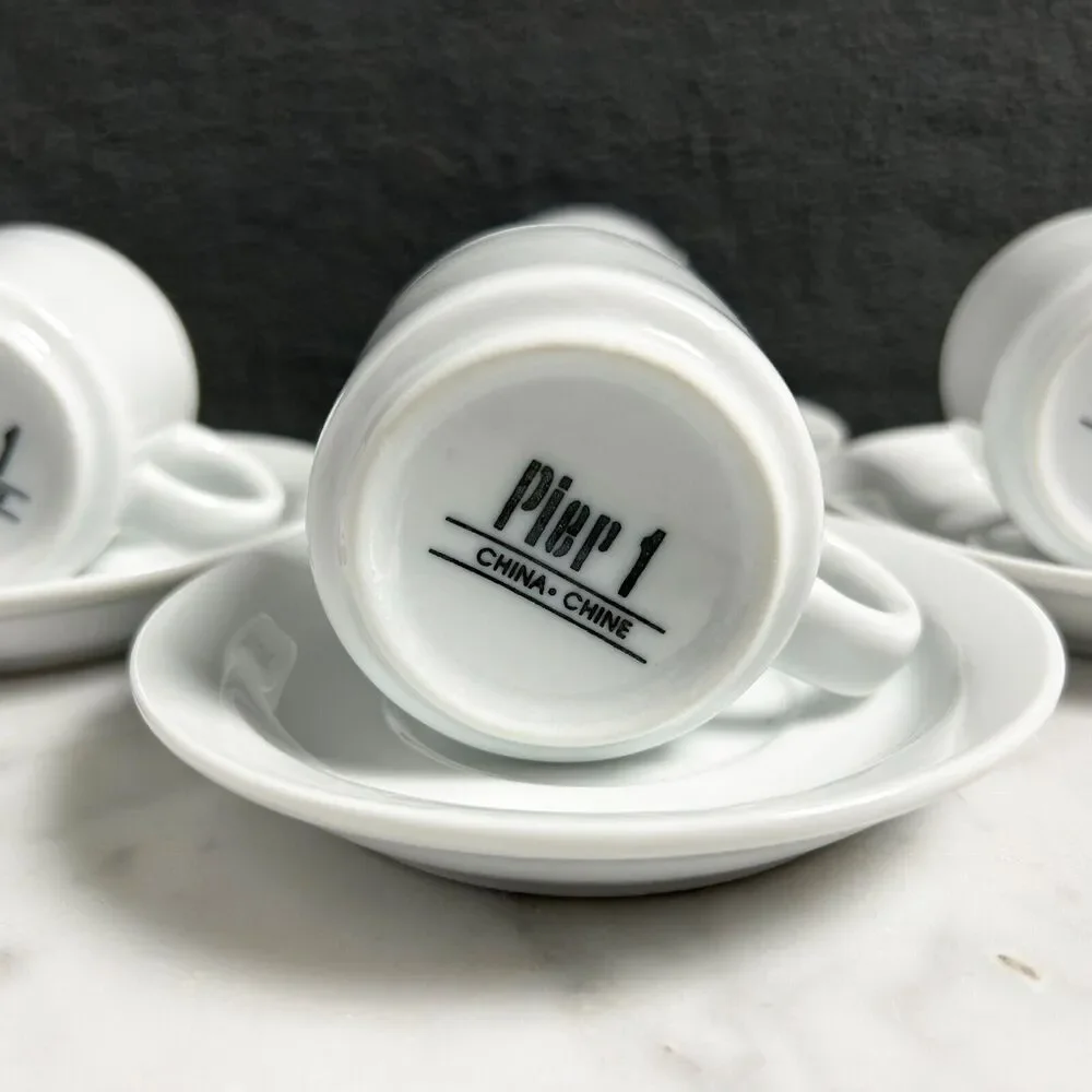 Pier 1 White Porcelain Demitasse Cups Saucers Set of 4 Espresso Coffee